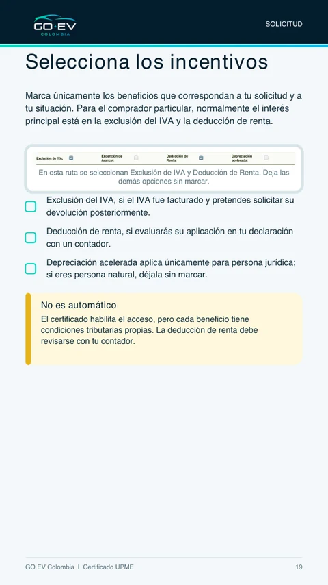 Página del eBook para seleccionar los incentivos tributarios